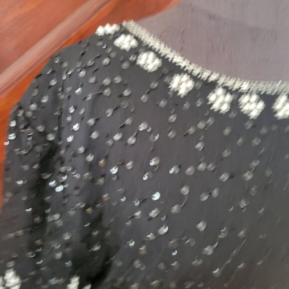 Vintage Lawrence Kazar Beaded & Sequined Black Silk Blouse With Silver Embellish - Picture 3 of 8
